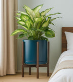 D'vine Dev Ceramic Planter with Walnut Color Stand - 12 Inch Modern Round Flower Pot with Wood Planter Holder, Teal, 55-B-W-4