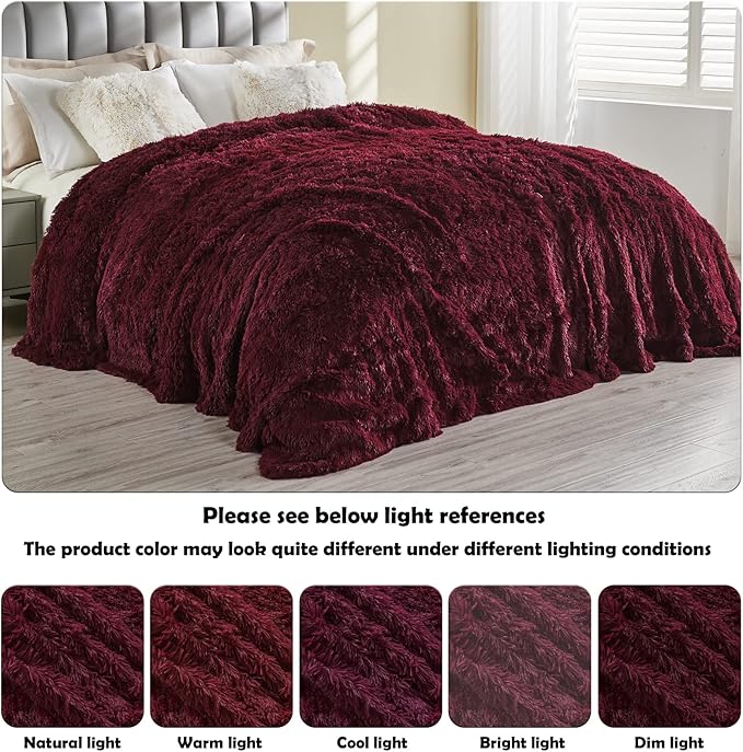 GONAAP Fuzzy Faux Fur Throw Blanket Queen Size Wine Red Super Soft Cozy Plush Fuzzy Shaggy Blanket for Couch Sofa Bed (Wine Red, Queen(90"x90"))