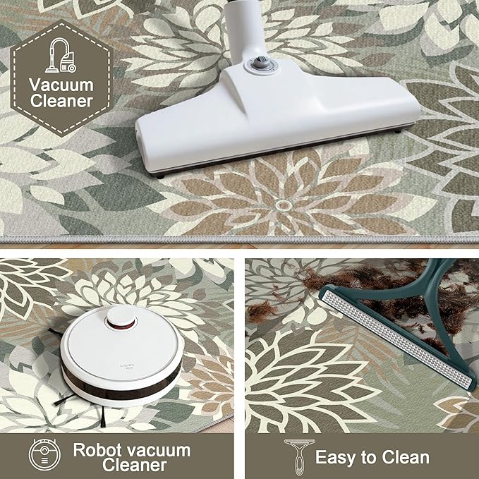 Area Rug 3x5 Brown White Washable Entry Rug Multicolored Tropical Botanical Modern Floral Indoor Kitchen Door Mat Entrance Carpet Non Slip for Bedroom Living Room, Porch