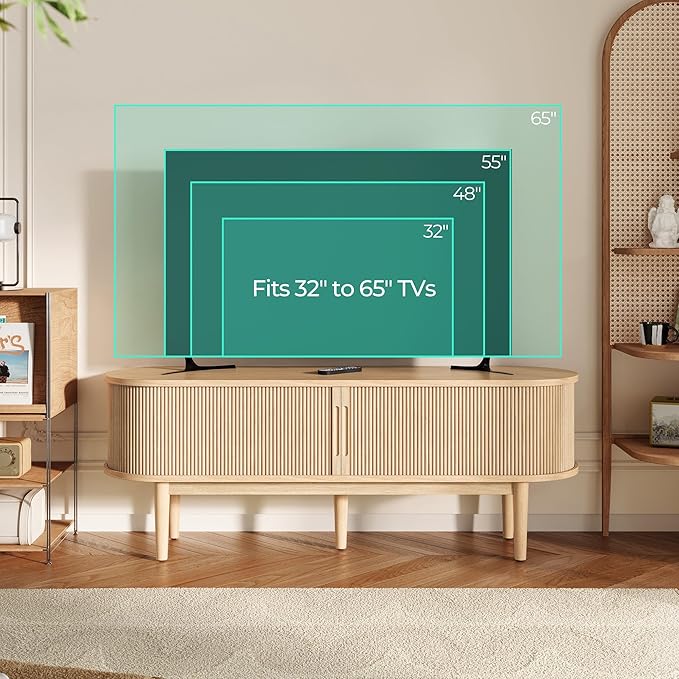 LINSY HOME TV Stand for 65" TV, Mid-Century Modern 58" Entertainment Center with Sliding Tambour Door and Storage Cabinet, Cruved TV Media Console Table for Living Room, Bedroom, Oak