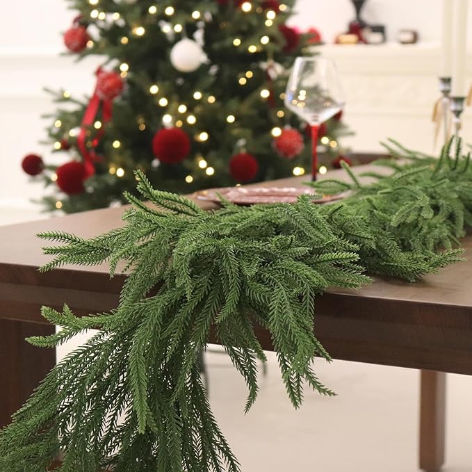 Senjie 6FT 2PCS Christmas Garlands Norfolk Pine Garland Real Touch Artificial Faux Greenery Garland for Holiday Indoor Outdoor Decor