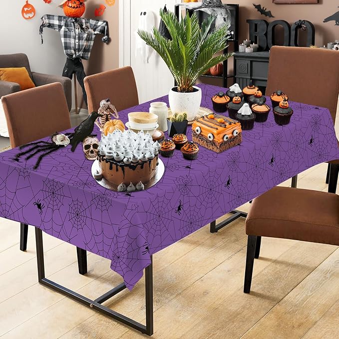 2 Pcs Halloween Tablecloth - Plastic Halloweens Spider Webs Table Cloth, Purple Disposable Rectangle Spiderweb Table Cover for Halloween Party Decorations Supplies Favors Tables Decor, 108 x 54 Inch