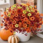 12 Bundles Artificial Fall Flowers Faux Mums for Outdoor Indoor, Artificial Plants Daisy Faux Plants Fake Mums for Fall Decor Pots Patio Garden Porch Autumn (Orange，Brown，Yellow) (12)