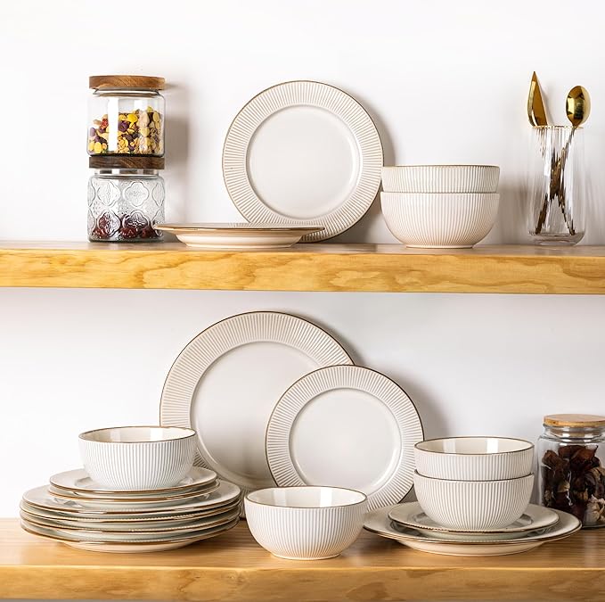 GBHOME Ceramic Dinnerware Sets,18 pcs Embossed Elegant Stoneware Plates and Bowls Sets, Housewarming Wedding Gift | Dishwasher & Microwave Safe | Dishes Set Service for 6