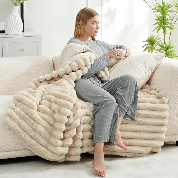 Cozy Bliss Faux Fur Throw Blanket for Couch, Cozy Warm Plush Striped Blanket for Sofa Bedroom Living Room,50 * 60 Inches Beige