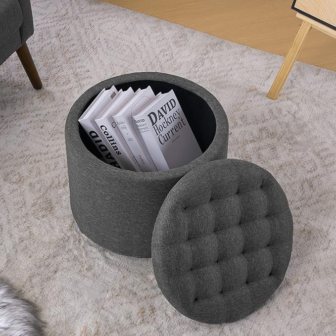 Furniliving 18.7inch Storage Round Ottoman, Footstools with Hidden Storage with Removable Lid, Stylish Button Tufted Design Ottoman Foot Stools for Living Room, Bedroom，Darkgrey