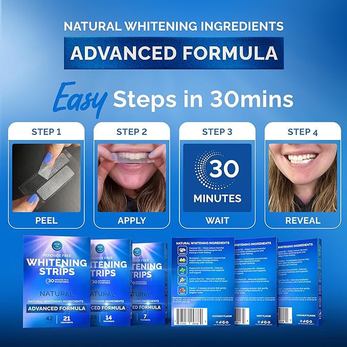 Whitening Strips for Sensitive Teeth 21 Treatments, Mint – Enamel Safe, Peroxide-Free Coconut Teeth Whitening Strips with Natural Enzymes – Gentle White Stips for Sensitive Gums & Daily Oral Care