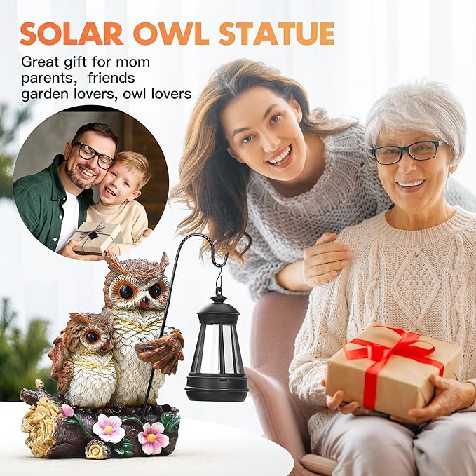 Json Garden Owls Statue with Solar LED Lantern, Loving Owls Family Embrace, Gifts for Mom Yard Art, Whimsical Figurine Large Sculpture Lighted Outdoor Mother's Day Spring Decorations for Lawn, Porch