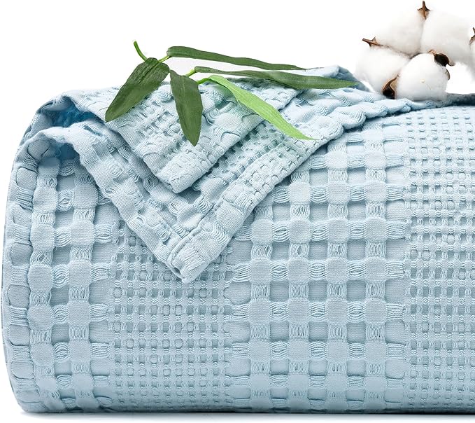 PHF Cooling Waffle Blanket Queen Size,Lightweight 60% Rayon Derived from Bamboo & 40% Cotton Breathable Blanket for Hot Sleepers, Soft and Luxury for Bed Couch and Sofa, 90"x90",Sky Blue