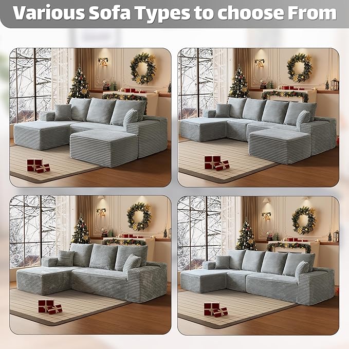 HYJT-H&K Modular Sectional Sofa Cloud Couch, 107" Comfy L Shaped Sectional Couches for Living Room, Deep Seat Memory Foam Plush Fluffy Corduroy Boneless Couch Sectionals Left Facing Sofa Chaise Grey