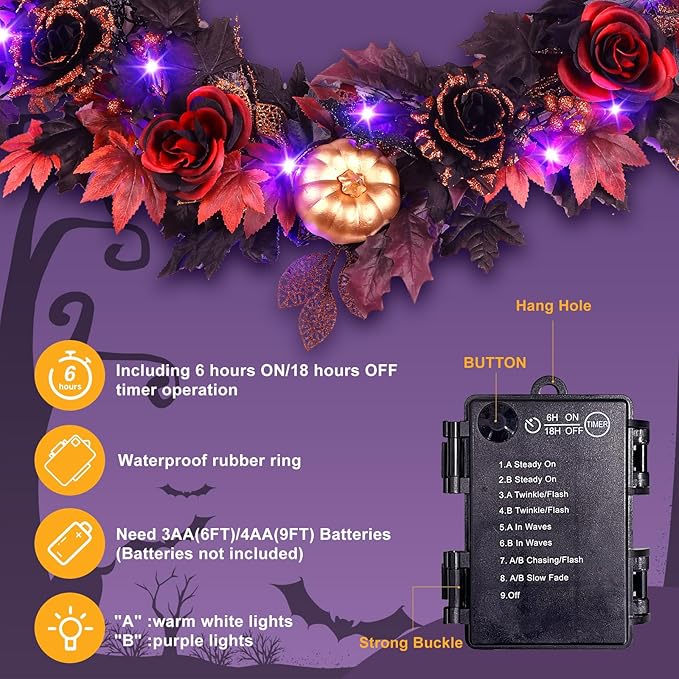 SHareconn 6FT Halloween Garland with Purple Lights Battery Operated and Timer, Pre-Lit Black Red Maple Leaves Lighted Garland Decorations for Fireplace Mantle Centerpiece Indoor Outdoor Decor, 6 FT
