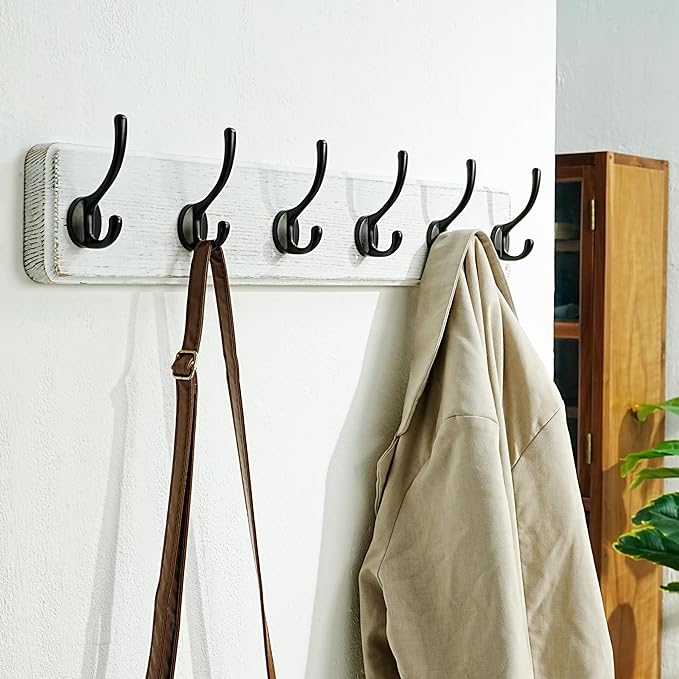 Dseap Wall Mounted Coat Rack: 24" Long, Patented, Heavy-Duty, 6-Double-Hooks Wooden Hanger Rail for Winter Coats, Hat, Jacket, Clothing - White & Black, Pack of 2