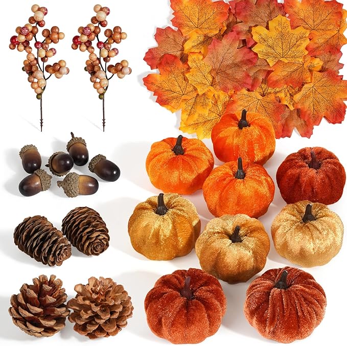 Artmag 51 PCS Artificial Fabric Pumpkins, Fall Harvest Decorations with Acorns, Pinecones, Berries, Maple Leaves for Fall Thansgiving Halloween Decoration