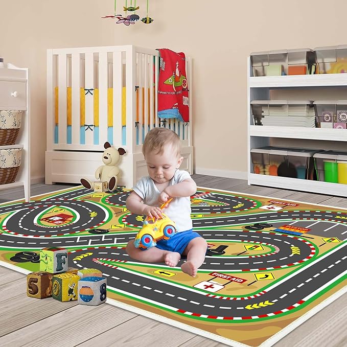 Kids Rug Play mat Playroom Rugs Car Rugs for Kids Toy Cars Race Track for Classroom Rug (Race-Brown, 3.3x4.9ft)