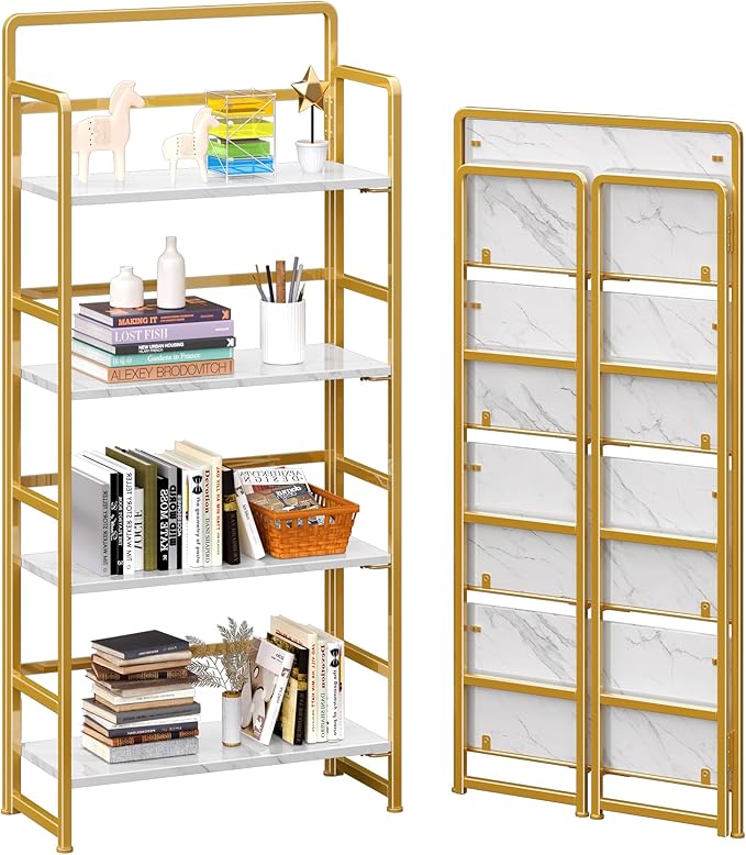 4NM No Assembly Foldable Bookshelf, 4-Shelf Collapsible Bookcase Storage for Small Spaces, 54" H, White and Golden