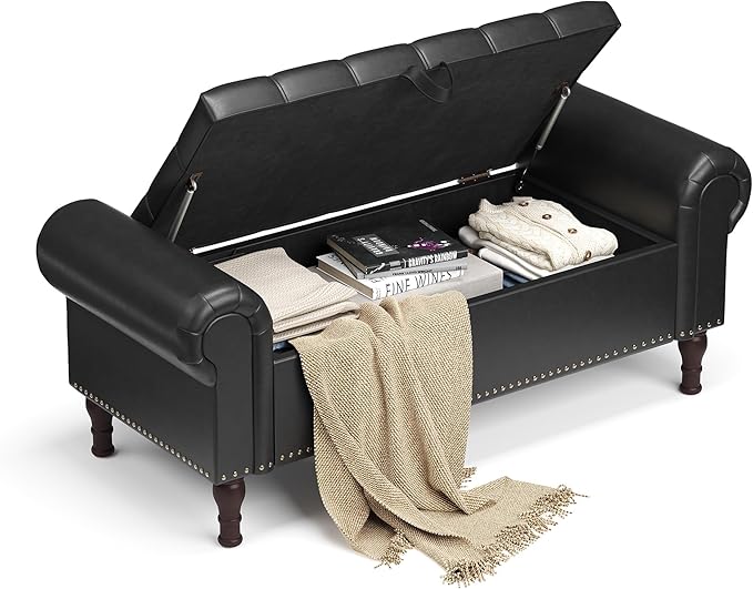 Storage Ottoman Bench for Bedroom, 51" Upholstered Bedroom Bench with Rolled Arms and Vintage Rivets, Large Storage Chest for Living Room, Bedroom, Entryway, Black