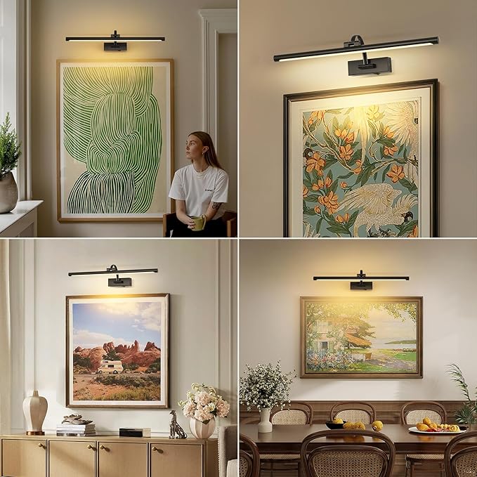 Dimmable Black Picture Lights with Remote and Timer Wireless Art Lights Rechargeable Gallery Lighting for Canvas Portrait 24'' Inch 5W Warm White