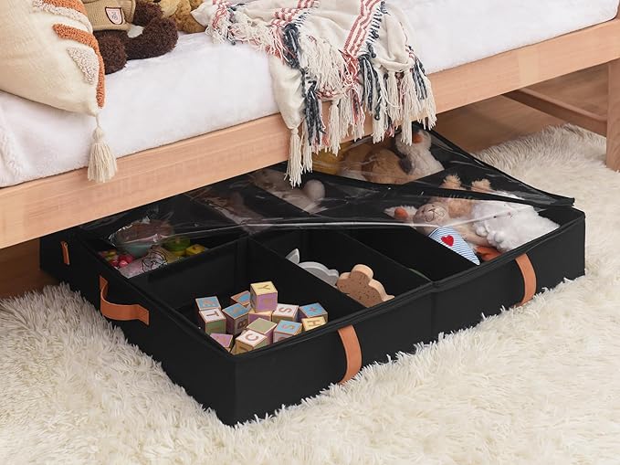 StorageWorks Shoe Organizer Under Bed for Closet, 2-Pack Ultra-thick Fabric Shoe Storage Containers with Bottom Support and Adjustable Dividers, Fits up to 24 Pairs, Black