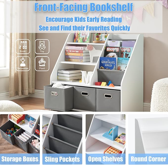 Wood Kids Bookshelf, Toy Organizer with Bookshelf, Montessori Toy Shelf W/Sling Rack & Fabric Toy Bins, Toy Storage Organizer for Toddler Children, Wooden Book Shelf for Kids Room Playroom