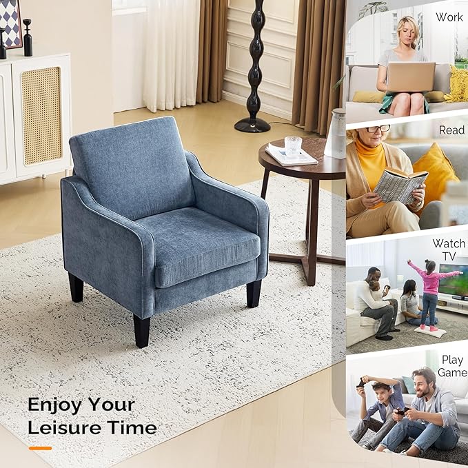 VINGLI Mid Century Modern Accent Chair,Navy Blue Chenille Chairs for Living Room Upholstered Armchair with Scooped Arms for Bedroom,Apartment,Studio,Office,Waiting Room
