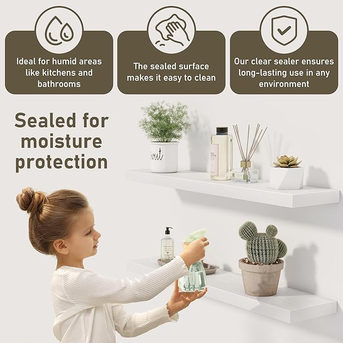 White Floating Shelves Wall Shelf 48 Inch, 8 Inch Deep Floating Shelf for Wall, Farmhouse Black Wood Shelves Invisible Bracket for Living Room, Bedroom, Kitchen, 48 x 9.3 x 1.4 Inch, Set of 2