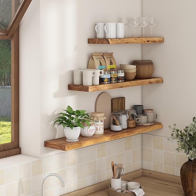 Axeman 40 inch Floating Shelves for Wall - 8'' D Live Edge Rustic Solid Elm Wood Floating Shelves Wall Mounted, Wall Shelves with Invisible Bracket for Living Room Bedroom Kitchen, 1 Pc Natural