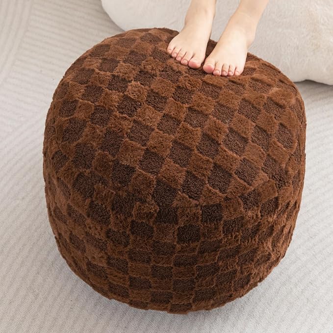 HIGOGOGO Round Stuffed Pouf Ottoman, Plaid Poufs with Foam Chunk Filling, Fluffy and Furry Pouf Foot Stool Storage Ottoman, 20 X 15 Floor Poufs Foot Rest for Living Room, Coffee