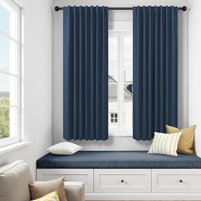 Navy Blue Linen Black Out Curtains 63 Inch Long 2 Panels Burg Thermal Insulated Total Blackout Window Shades Light Blocking Dark Curtains for Living Room Kids Children Boy Bedroom 63 Length White Back