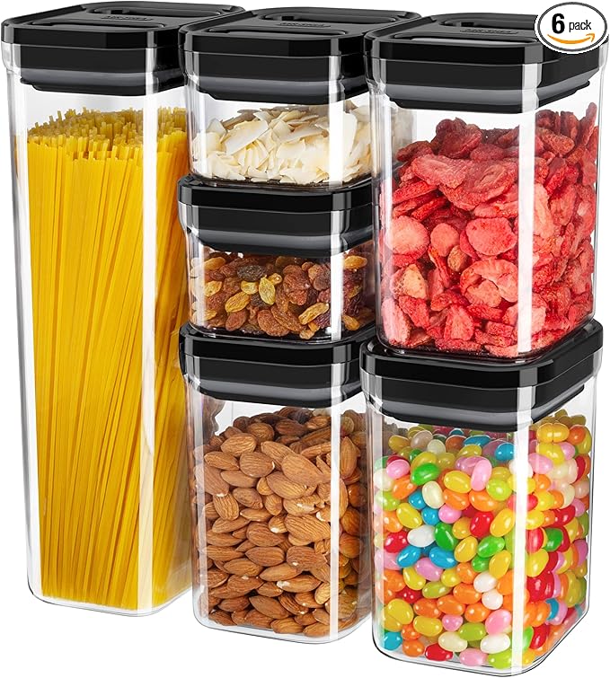 MR.SIGA 6 Piece Airtight Food Storage Container Set, BPA Free Kitchen Pantry Organization Canisters, One-handed Kitchen Storage Containers for Cereal, Spaghetti, Pasta, Black