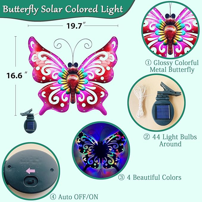 Solar Garden Light, Metal Butterfly Wall Art, 19" Large Hanging Decor for Garden Patio Fences Porch Yard Art Outdoor Wall Decor, Weatherproof Decorative Lighting, Housewarming Wedding Birthday Gift
