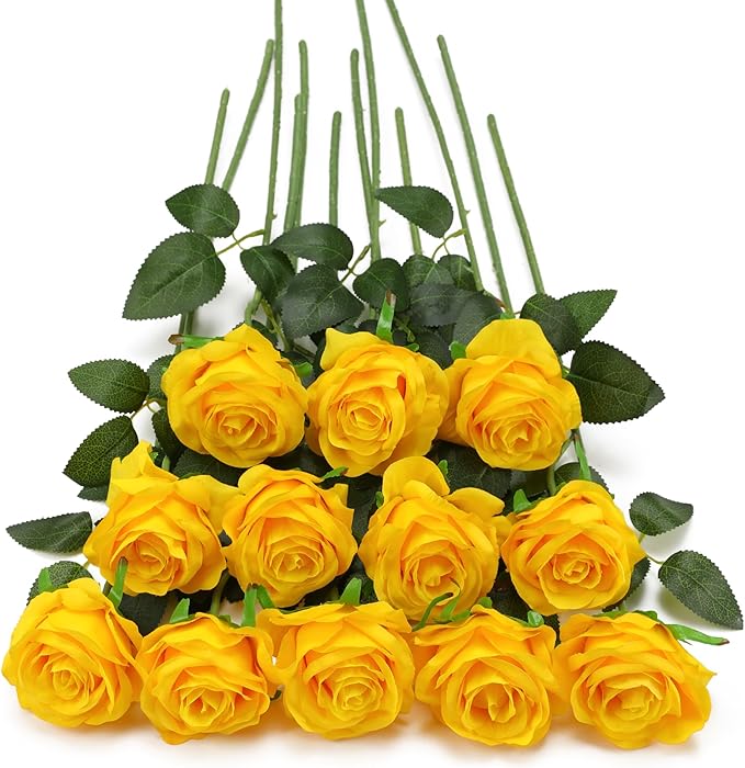 Yellow Fake Roses Artificial Flowers - 16 Pcs Fake Artificial Roses Silk Flowers with Stems for Home Wedding Hotel Office Centerpiece Decor