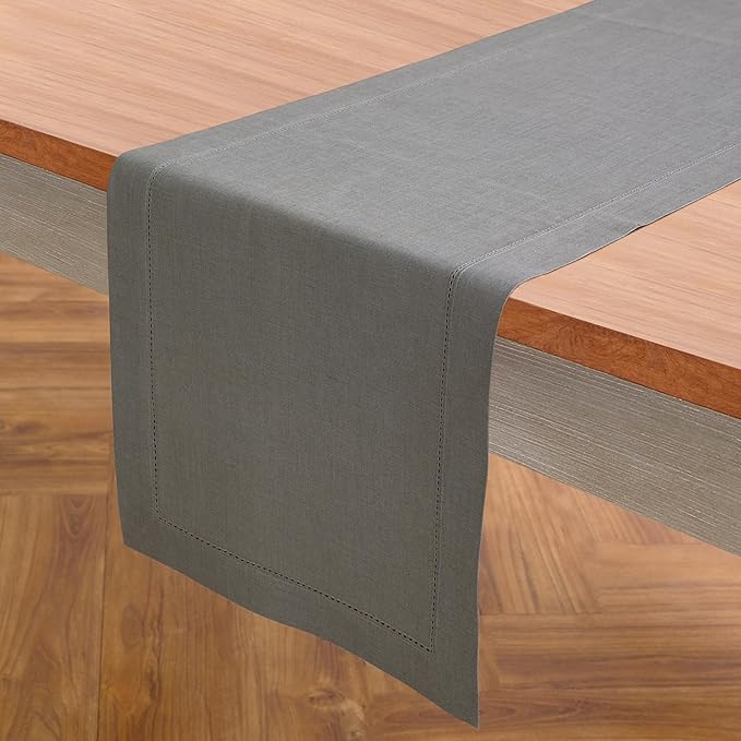 Solino Home Linen Steel Gray Hemstitch Table Runner 36 Inches - 100% Pure Linen Small Table Runner 14 x 36 Inch Ideal for Dresser and Coffee Tables - Classic Hemstitch - Fall, Autumn, Halloween