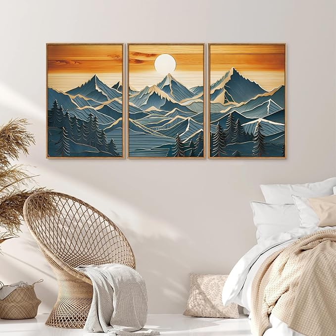 Tinonedraw Metal Mountain Framed Canvas Wall Art, Boho Mountains Artworks, Mid Century Modern Blue Ridge Wall Decor, Vintage Nature Forest Sunset Art Print for Living Room Bedroom Office 24"x36"x3