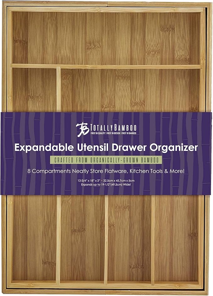 Totally Bamboo Kitchen Drawer Organizer, Expandable Silverware Organizer and Utensil Holder, 8 Compartments with Dividers