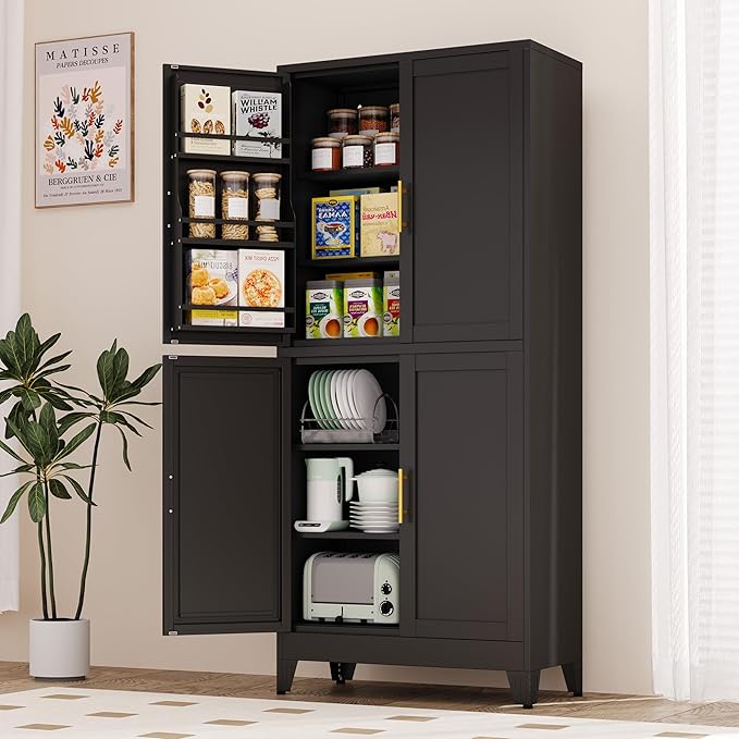 74.8" Tall Metal Food Cabinet, Black Kitchen Pantry Cabinet, Storage Cabinets with 4 Door and 4 Adjustable Shelves, Steel Freestanding Cupboard for Kitchen Dining Room Living Room Bathroom