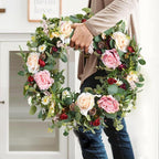WANNA-CUL 24 Inch Large Spring Rose Wreaths for Front Door,Spring Front Door Wreath with Pink and Wine Red Floral Door Wreath with Eucalyptus Leaves for Wedding or Indoor&Outdoor Decorations
