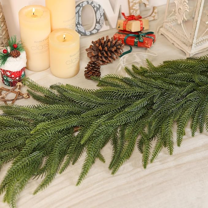 9FT Christmas Norfolk Pine Garland -2PCS, Artificial Pine Needles Garlands Faux Greenery Fake Garland for Holiday Fireplace,Table,Window,Stairs,Mante,Indoor Outdoor Decor
