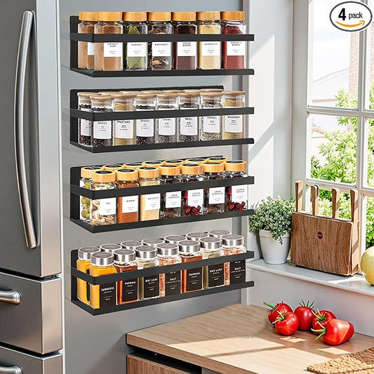 Magnetic Spice Rack Organizer for Fridge Seasoning Organizer for Kitchen Storage With Screw Magnetic Shelf for Oven, RV,Garage,Bathroom(Black, 4pack)