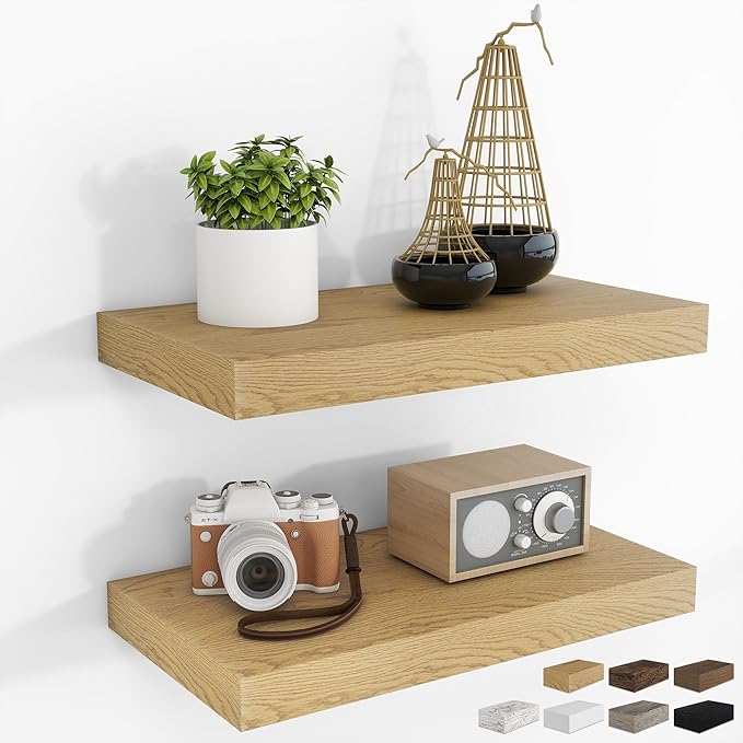 RICHFOCUS 16Inch Floating Shelves for Wall 2 Pack Shelves for Bedroom|Kitchen|Bathroom Wall Mounted Rustic Wood Floating Shelf with Invisible Brackets for Books|Storage|Decor, Oak