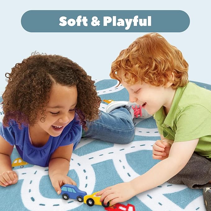 STARUIA Large Kids Playroom Rug, 4'x6' Washable Road Rug for Nursery, Non-Slip Fun Area Rugs for Kids Room, Blue Car Rugs Play Mat Soft Baby Carpet for Boys Girls Dorm Toy Room Tent