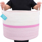 OrganiHaus Boho Woven Basket for Blankets and Laundry, Decorative Large Storage Bin for Living Room, Nursery Basket for Toys & Clothes, Soft Cotton Rope with Handles 20x13 inches - Striped Pink