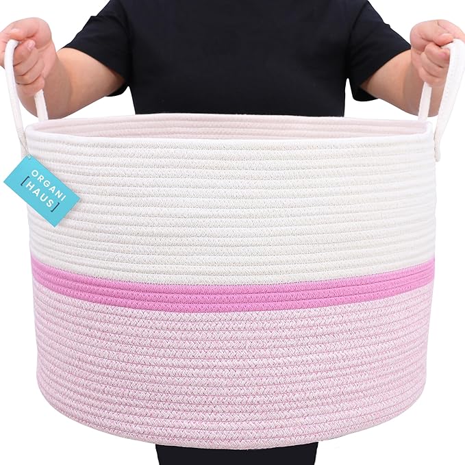 OrganiHaus Boho Woven Basket for Blankets and Laundry, Decorative Large Storage Bin for Living Room, Nursery Basket for Toys & Clothes, Soft Cotton Rope with Handles 20x13 inches - Striped Pink
