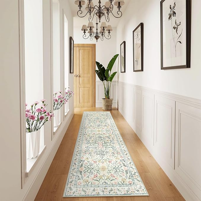 Wonnitar Washable Rug Runner 2'6''x8', Boho Floral Hallway Runner Rug 8ft Long Carpet for Bedroom, Soft Non Slip Ultra-Thin Beige Carpets for Bathroom Kitchen Bedside