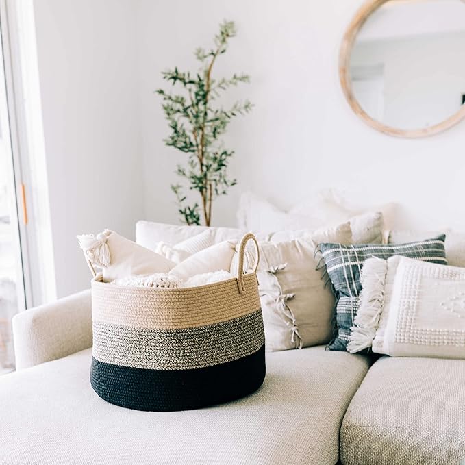 OrganiHaus Woven Laundry Basket, Large Cotton Rope Blanket Holder with Handles, Soft & Sturdy Nursery Hamper, Decorative Toy Bin for Living Room Organization 20x13 inches - Brown/Black