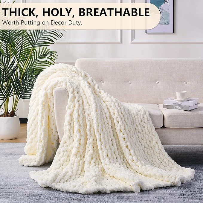 L'AGRATY Chunky Knit Blanket Throw: Soft Chenille Yarn Throw Blanket 60x80 - Handmade Thick Cable Crochet Blanket - Large Chunky Rope Throw Blanket for Couch Sofa Bed Home Decor(Cream White)