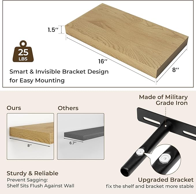 RICHFOCUS 16Inch Floating Shelves for Wall 2 Pack Shelves for Bedroom|Kitchen|Bathroom Wall Mounted Rustic Wood Floating Shelf with Invisible Brackets for Books|Storage|Decor, Oak