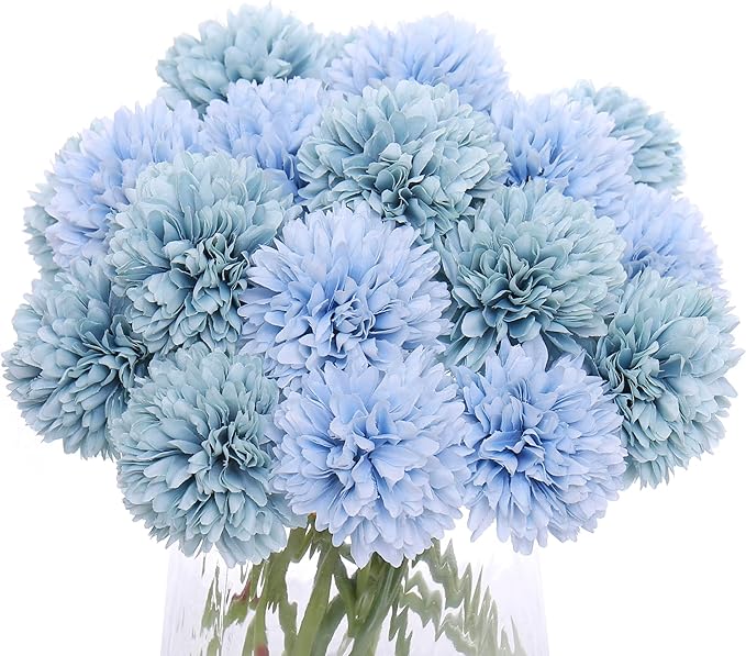 Kimura's Cabin 20Pcs Fake Silk Chrysanthemum Artificial Ball Flower Fake Mums Flowers Wedding Arrangements Bouquets Home Kitchen Table Center DIY Decoration (Blue)