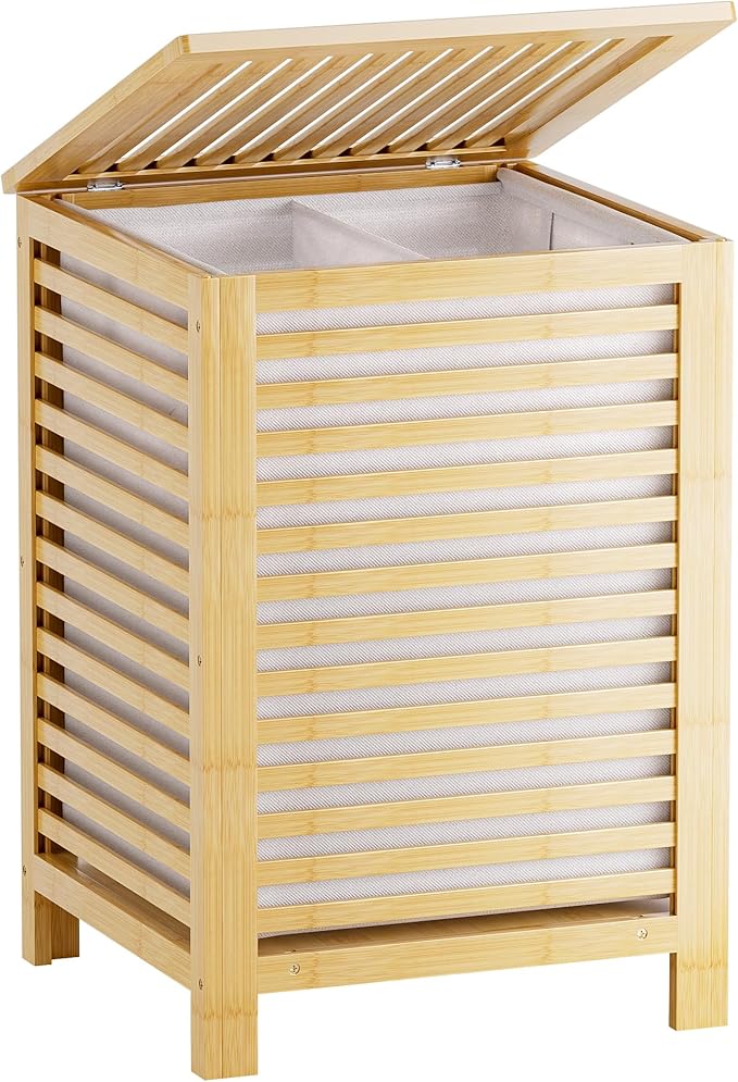 SMIBUY Double Laundry Hamper with Lid, 120L Bamboo Laundry Basket with Removable Liner Bag, 2-Section Clothes Divider Laundry Sorter for Laundry Room, Bathroom, Bedroom (Natural)