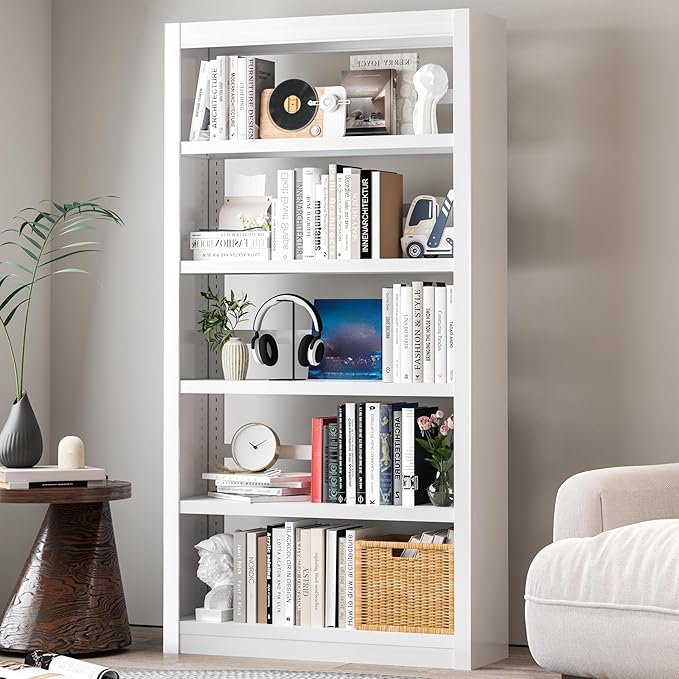 Metal Bookshelf Adjustable - 61" Tall White Bookcase, 5 Tier Book Shelf, Tooless Assembly Book Case, Modern Bookshelves and Bookcases for Home Office, Living Room, Bedroom, Study, Library
