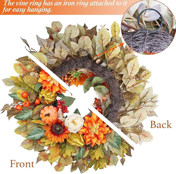 Fall Wreath for Front Door, 24 Inch Autumn Wreath with Pumpkins, Peony, Sunflowers & Dahlias, Fall Decorations for Home, Artificial Flowers Harvest and Thanksgiving Indoor & Outdoor